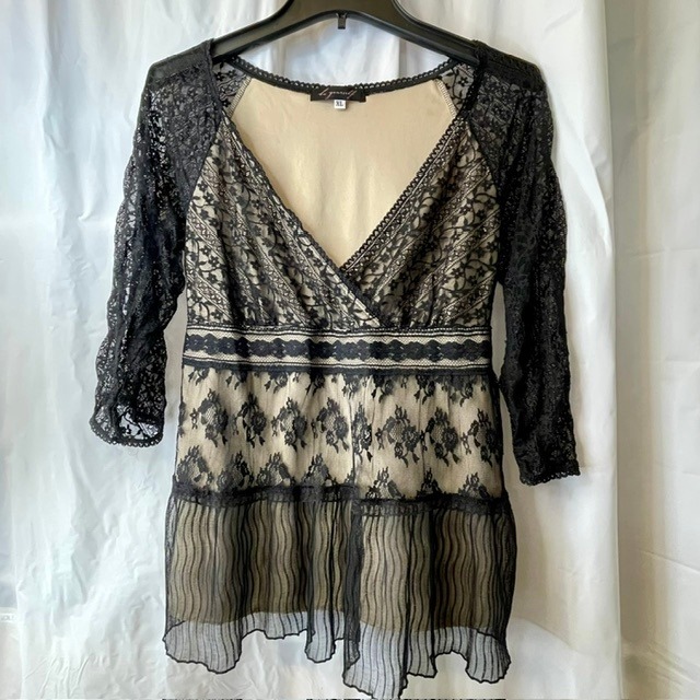 Be Yourself Y2k Black Lace V-Neck Baby Doll Blouse Empire Waist Tie Back Xl Usa
